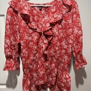 Ralph Lauren Red Floral Smoked Waist Ruffle Trim Size XL